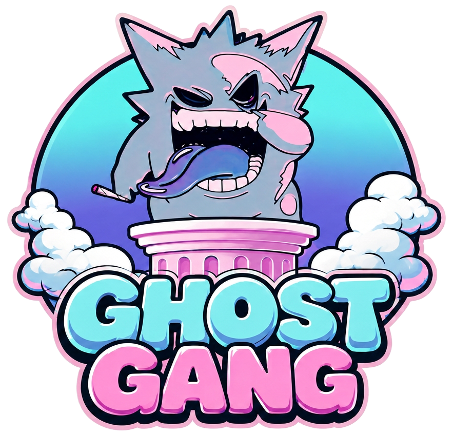 Ghost Gang — cartoon ghost smoking, sticker logo